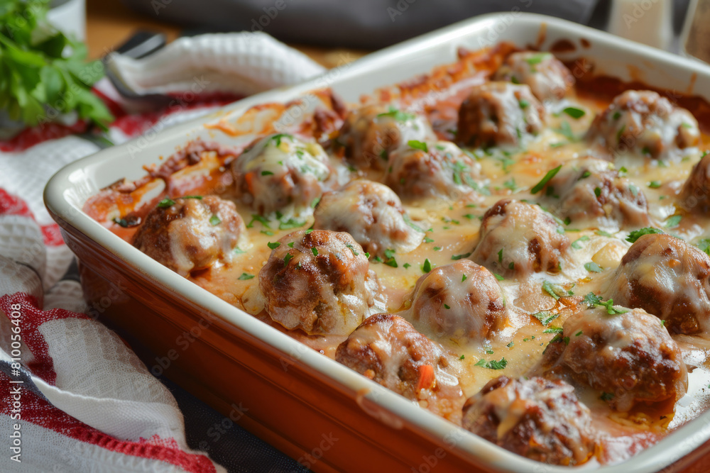 Baked cheesy meatballs casserole with tomato sauce Baked cheesy meatballs casserole with tomato sauce