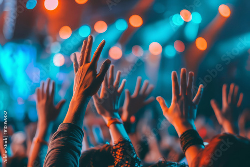 People at a concert waving their hands. The stage with a light show in the background