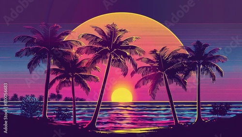 1980s synthwave sunset with palm tree