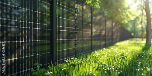 black fence with solar panels on green grass field with tree, shadow sun shine photo