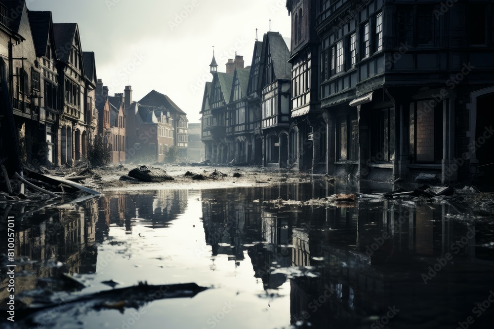 Eerie view of a deserted, foggy street in an old town, with buildings reflecting in a puddle