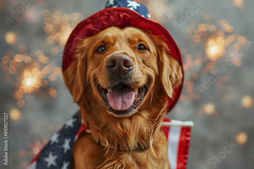 Funny patriotic dog in hat with American flag and fireworks on background, 4 July Independence Day celebration.