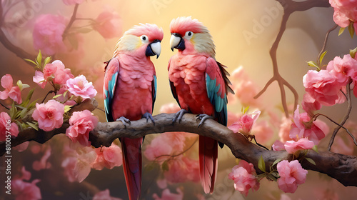 A pair of lovebirds perched on a blooming flower, their affectionate display adding charm to the jungle scenery. photo