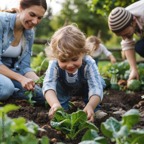Wallpaper Mural Family with happy child gardening on farm, growing organic vegetables. People harvest food concept. Torontodigital.ca