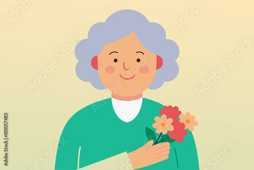 A joyful elderly woman with gray hair and a bouquet of flowers in her hands. Old lady with roses