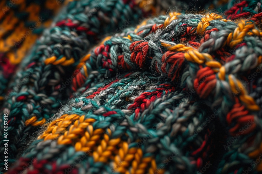 Zoomed in texture of a handcrafted knitwear piece showcasing the cozy intricate patterns Zoomed in texture of a handcrafted knitwear piece showcasing the cozy intricate patterns