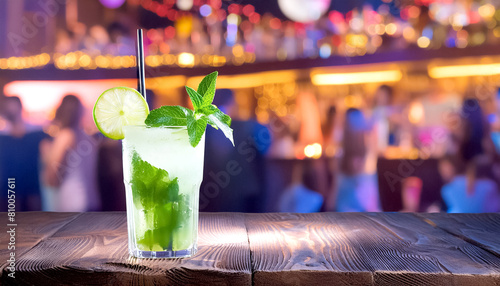 Cocktail Mojito, im Hintergrund eine Bar 