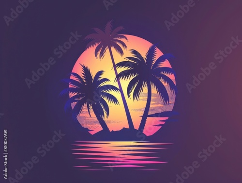 80s synthwave sunset with palm trees purple and orange background.