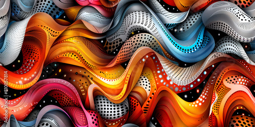 A colorful, abstract painting of a wave with a black background