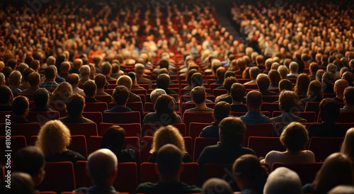 Banner of business, A large crowd of people are sitting in a theater. The audience is filled with people of all ages, dressed in suits and ties. The atmosphere is formal and professional