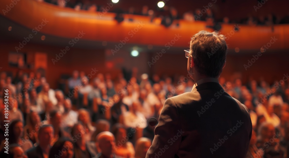 Banner, A man stands in front of a crowd of people, giving a speech. The audience is attentive and engaged, with many people looking at the speaker. The atmosphere is serious and focused Banner, A man stands in front of a crowd of people, giving a speech. The audience is attentive and engaged, with many people looking at the speaker. The atmosphere is serious and focused