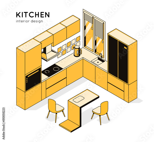 3d concept kitchen interior, furniture and household appliances for cooking. Home, 

room, template furniture store, design studio, architectural business, hostel. Vector linear isometric illustration