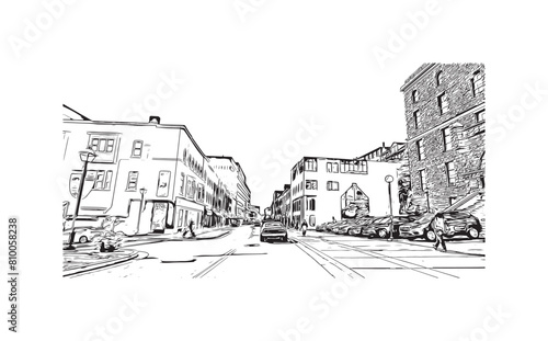 Print Building view with landmark of St. John s is the capital and largest city in Newfoundland and Labrador. Hand drawn sketch illustration in vector.