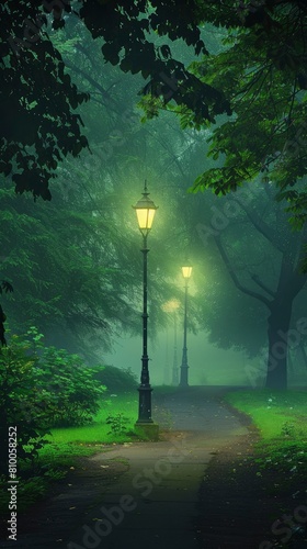 a park path with illuminated street light and tree at night with misty atmosphere