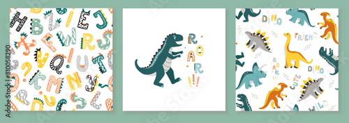 Beautiful set of cards with dino patterns and composition. Vector colored seamless repeating children design with cute dinosaurs, plants and comic Dino quotes in Scandinavian style on white background