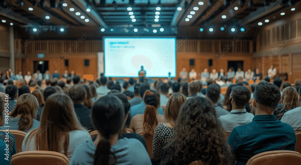 Banner, A large crowd of people are sitting in a room with a large screen in the background. The people are watching a presentation or a lecture. Scene is one of attentiveness Banner, A large crowd of people are sitting in a room with a large screen in the background. The people are watching a presentation or a lecture. Scene is one of attentiveness