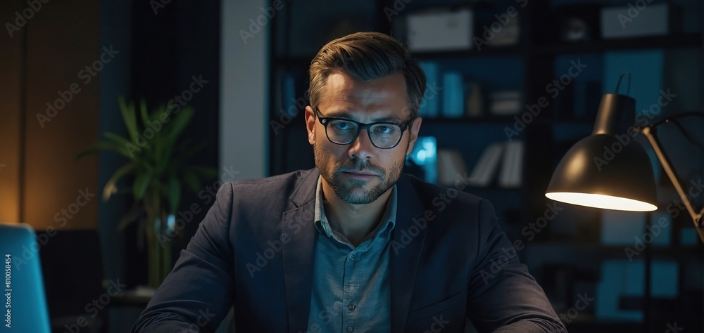 Smart businessman in casual day focusing computer to create business plan report over late night time at office, working on searching tools market planning with new startup company project Smart businessman in casual day focusing computer to create business plan report over late night time at office, working on searching tools market planning with new startup company project