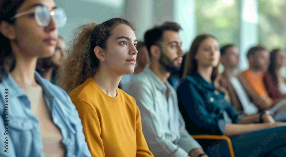 A group of people are sitting in a room, with one woman wearing a yellow shirt. Scene is one of quiet contemplation, as the people are all staring at something in the background A group of people are sitting in a room, with one woman wearing a yellow shirt. Scene is one of quiet contemplation, as the people are all staring at something in the background