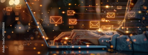 A person typing on their laptop with glowing digital mail icons floating above the keyboard