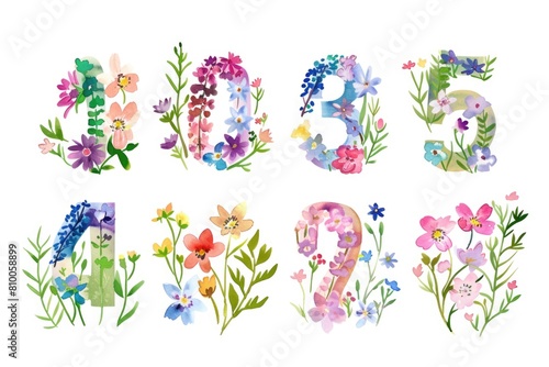 Set of numbers with colorful floral designs, perfect for educational materials or spring-themed projects