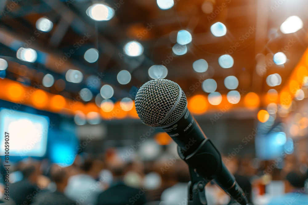 Zoomed-in image of a microphone at an international economic conference, speaker in the background