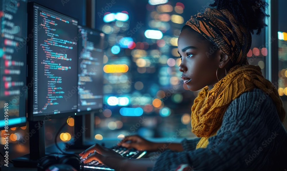 Obraz premium A woman is sitting in front of two computer monitors