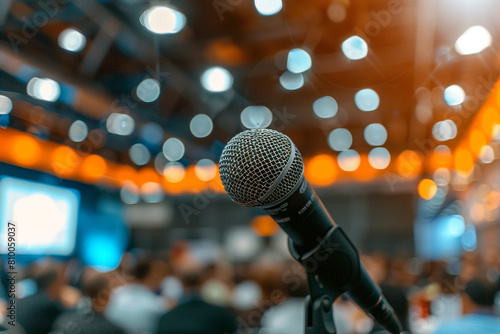 Zoomed-in image of a microphone at an international economic conference, speaker in the background