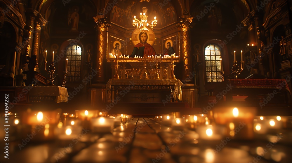 Candlelit altar in a dimly lit sanctuary, flickering lights reflecting off goldplated icons, serene and mystical ambiance, medium shot