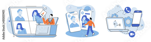 Online meeting. Vector illustration. Networking plays vital role in building connections and opportunities in online world Global collaboration is made possible through online meetings and virtual