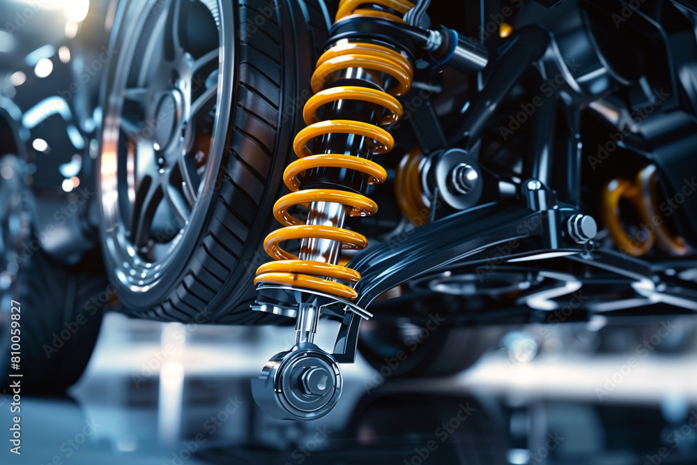 Fototapeta premium Zoomed-in image of an innovative shock absorber system on a performance vehicle, suspension details visible 