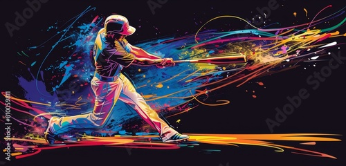 baseball player swinging the bat, colorful paint splashes on a black background Generative AI