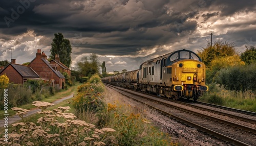 a British freight train with a yellow and grey livery, passing through a village on a railway track under a cloudy sky. 