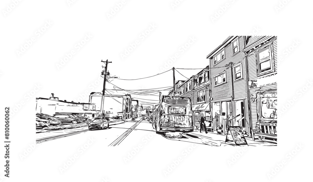 Print Building view with landmark of St. John's is the capital and largest city in Newfoundland and Labrador. Hand drawn sketch illustration in vector.