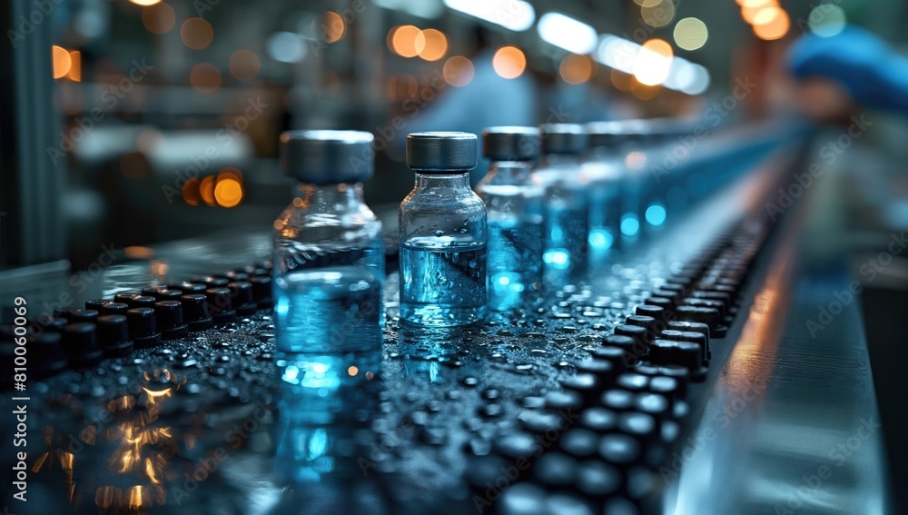 A row of blue bottles on a conveyor belt. The bottles are filled with a clear liquid A row of blue bottles on a conveyor belt. The bottles are filled with a clear liquid