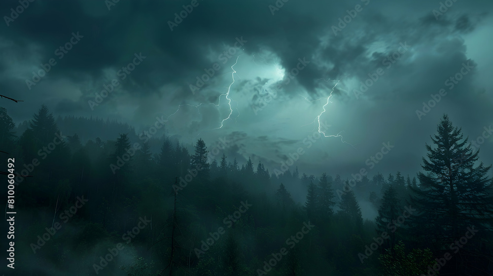 Obraz premium A thunderstorm rolling in over a dense woodland, with dark clouds and the contrast of lightning illuminating the trees, captured in ultra HD
