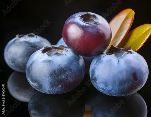 Blueberries with leaves on black reflective background. Close up shot. Fruits and summer berries