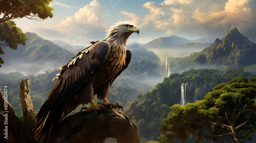A regal eagle perched atop a tall tree, its piercing gaze surveying the vast expanse of the jungle. photo