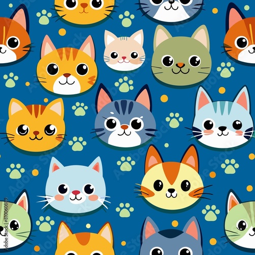 Cute cat faces seamless pattern  animal background wallpaper