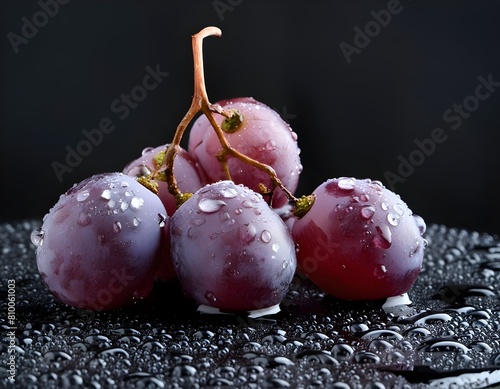 Fresh red grapes with drops of water on black surface. Close up shot. Fruits and summer berries illustration