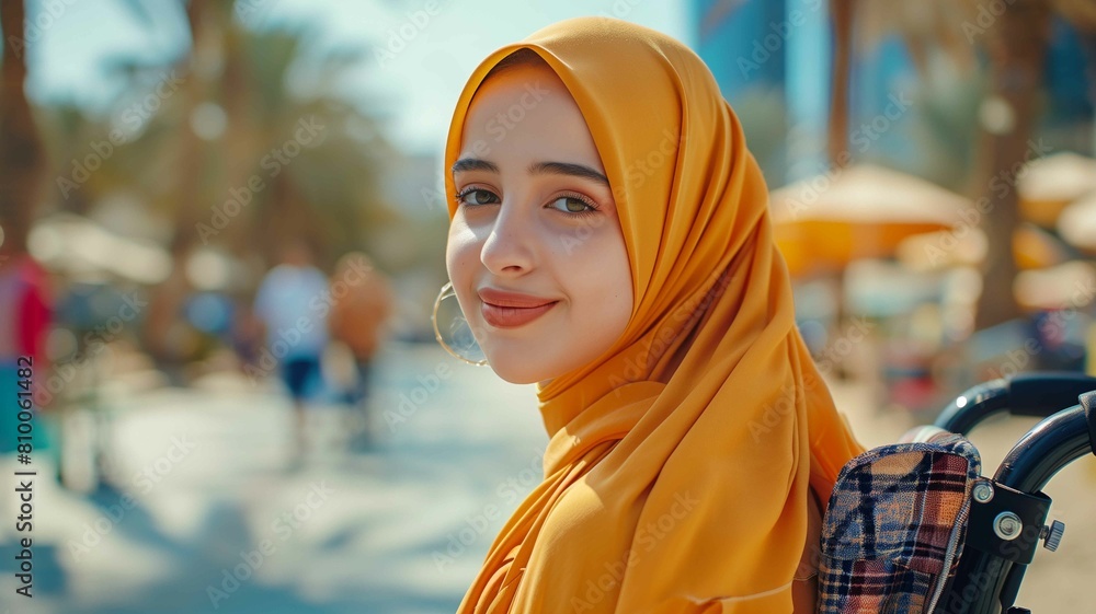 Young muslim woman looking at camera sitting in wheelchair enjoying sunny day outdoors Young muslim woman looking at camera sitting in wheelchair enjoying sunny day outdoors