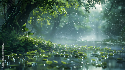 A tranquil floodplain scene just after a rainfall, with droplets on leaves and a fresh, earthy aroma in the air photo