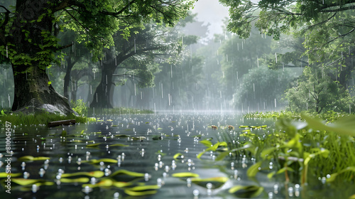 A tranquil floodplain scene just after a rainfall, with droplets on leaves and a fresh, earthy aroma in the air photo