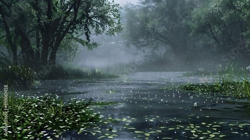 A tranquil floodplain scene just after a rainfall, with droplets on leaves and a fresh, earthy aroma in the air