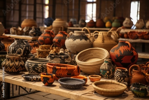 Street craft market seller. Art traditional travel shop market. Generate ai © juliars