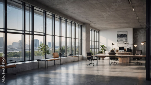 Minimalist Office Ambiance  Modern Industrial Style with White Walls  Concrete Floors  and Panoramic Window Views