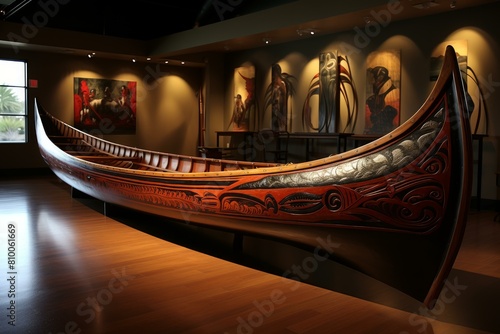 Beautifully carved, traditional wooden canoe exhibited in a museum with artistic lighting photo