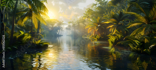 A tranquil river winding through a dense subtropical jungle, reflecting the soft light of the setting sun © Muhammad