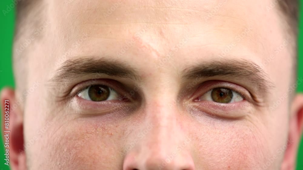 Man's eyes, on a green background, close-up, eyes open
