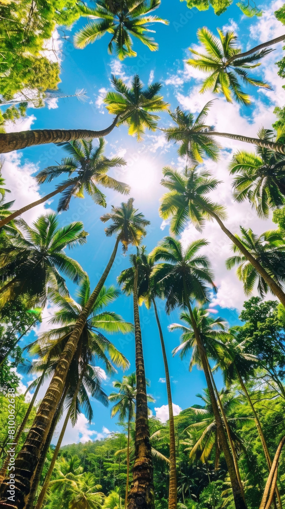 A beautiful tropical forest with palm trees and a clear blue sky
