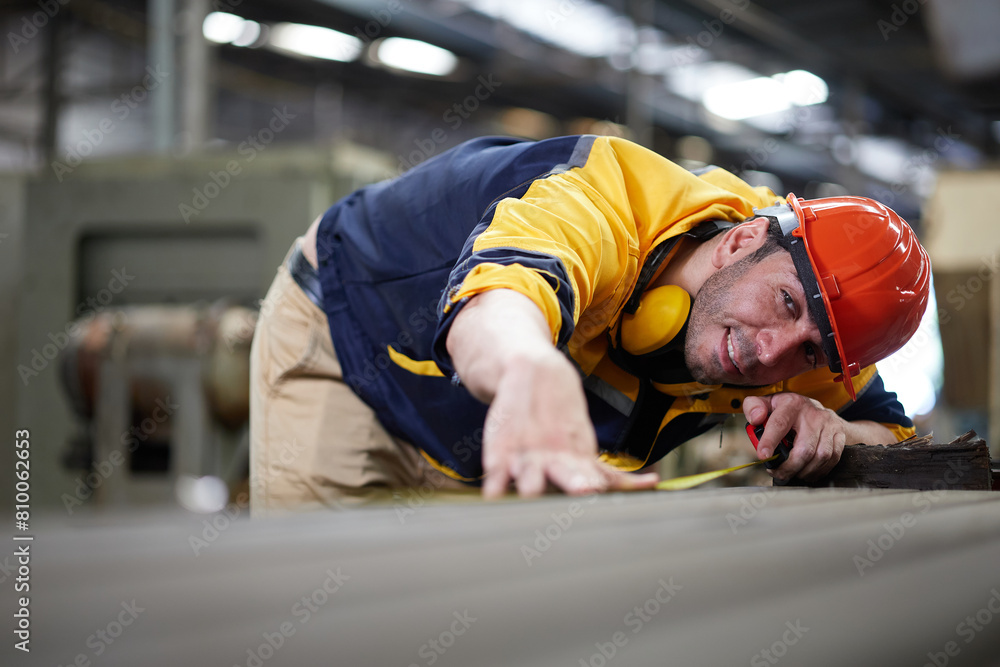 worker or technician using tape measure and measuring the length of the machine in the factory worker or technician using tape measure and measuring the length of the machine in the factory
